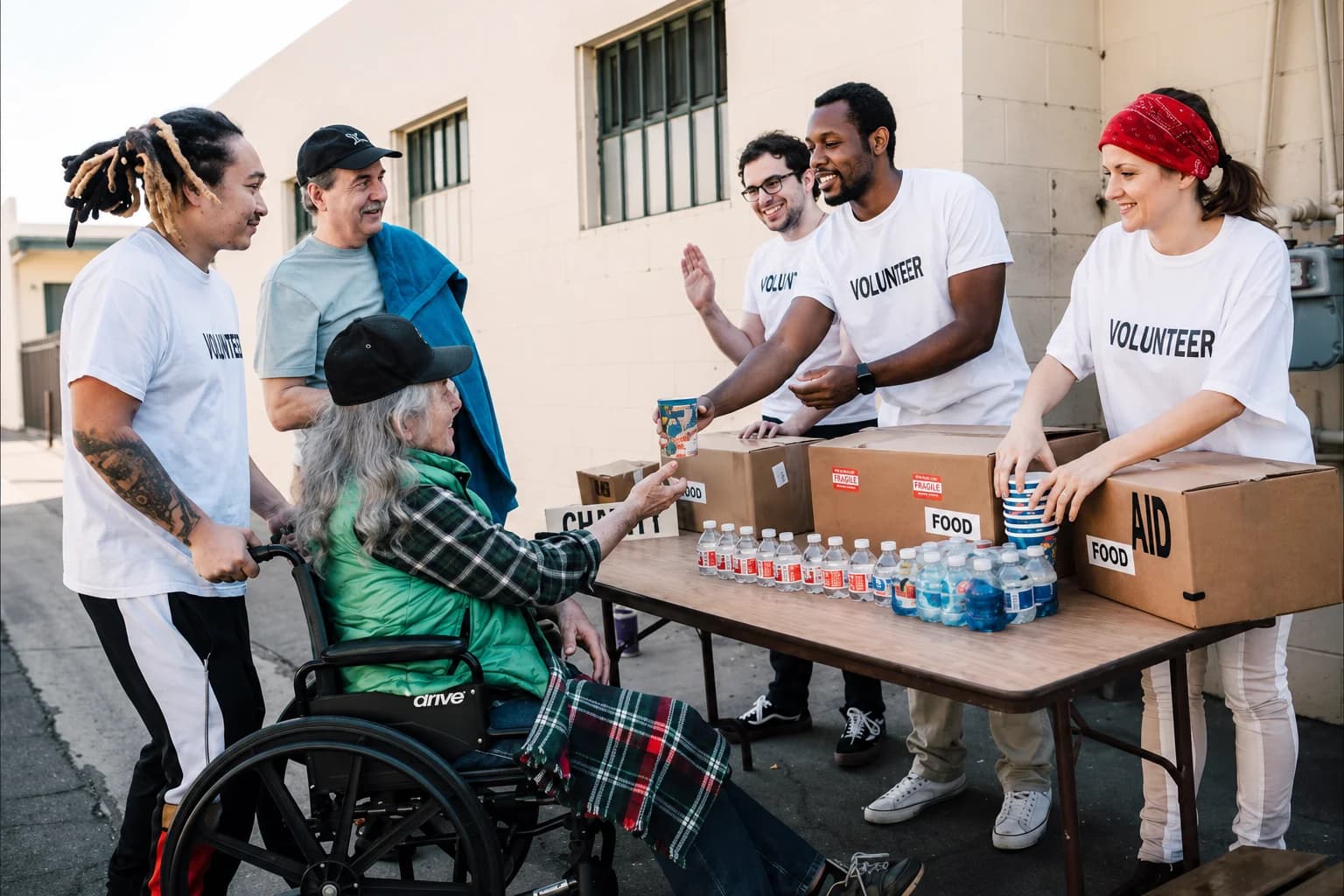 Volunteers wearing custom t-shirts at a community event table