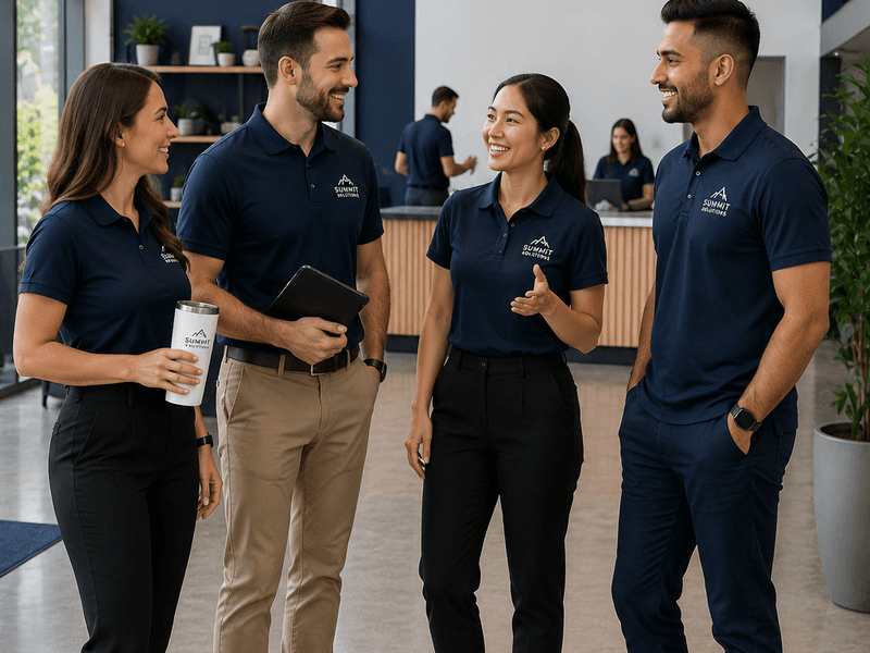 Professional team wearing custom branded apparel in a workplace setting