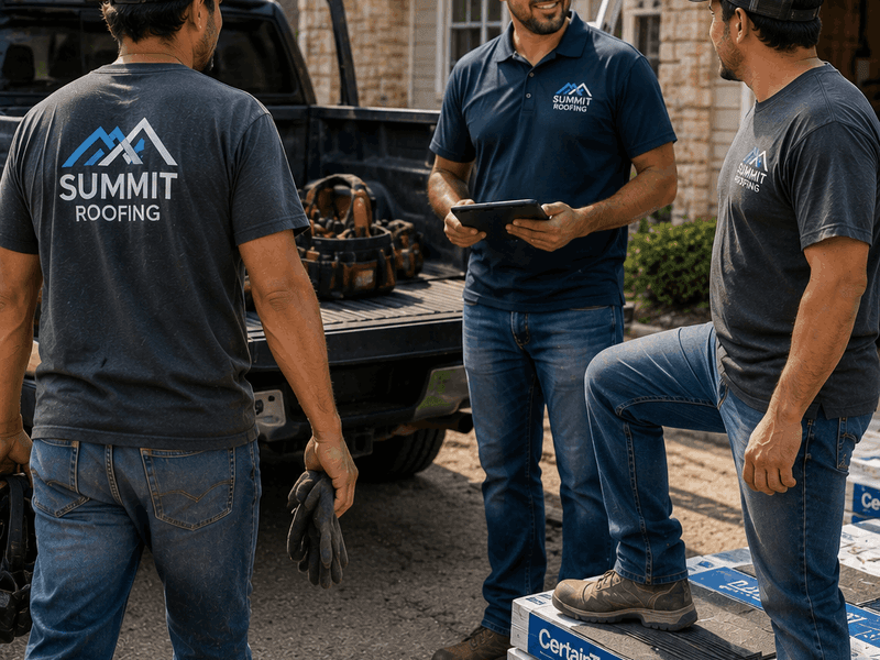 Roofing team members wearing coordinated company workwear on the job