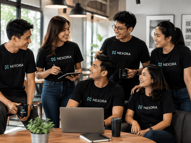 Team members wearing custom branded T-shirts collaborating in a modern workspace to showcase professional brand identity.