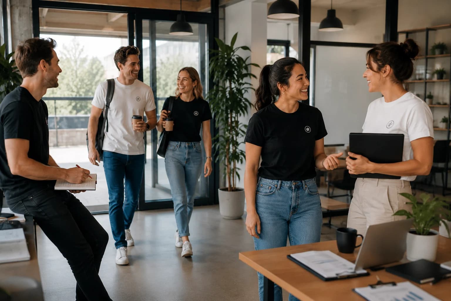 Team members wearing custom branded T-shirts collaborating in a modern office environment.