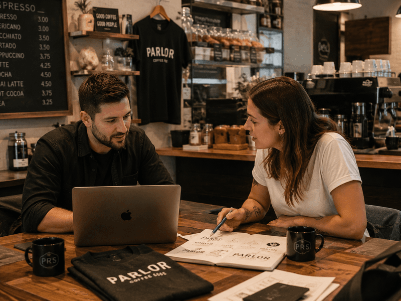 Coffee shop owner meeting with a designer to discuss custom cafe t shirt branding and apparel designs