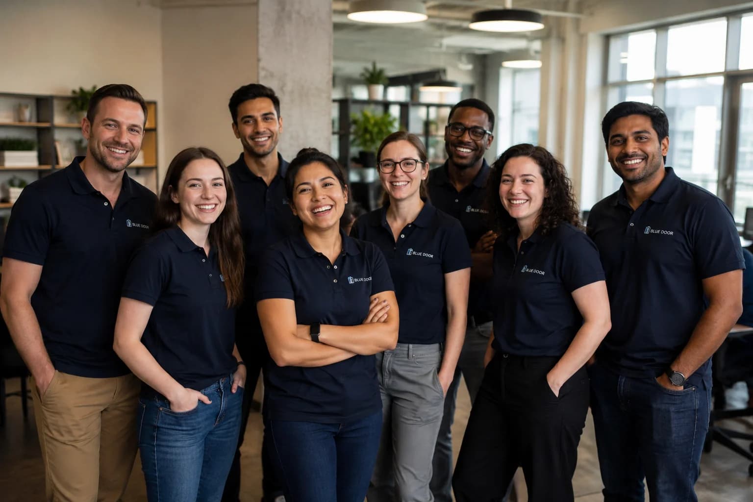 Professional team wearing custom company branded apparel in a modern workplace