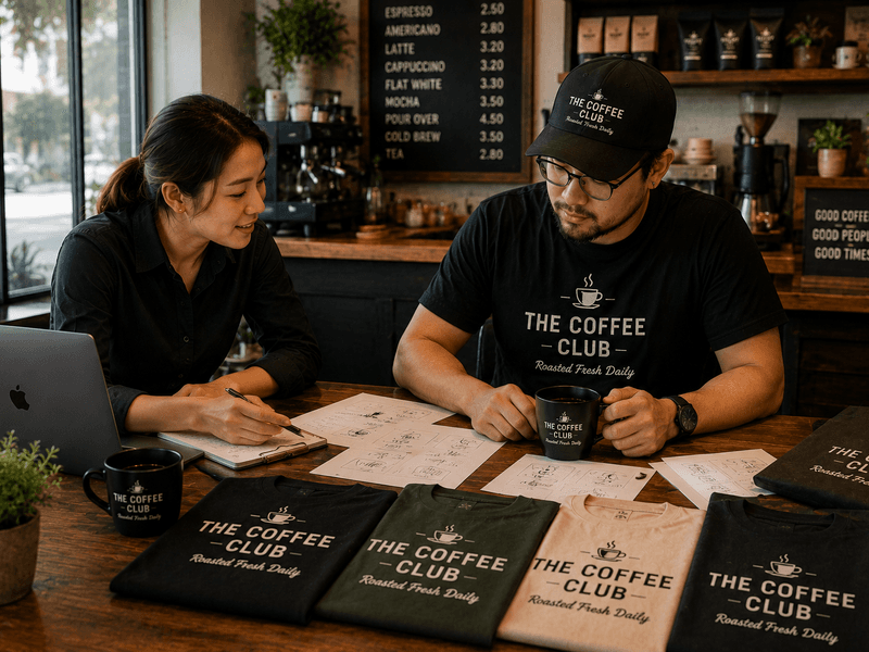Coffee shop owner reviewing custom cafe t shirt design concepts and branded apparel