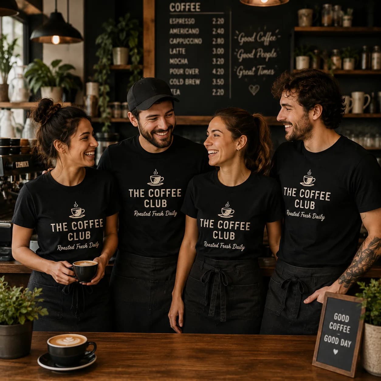 Baristas wearing custom cafe t shirts inside a modern coffee shop