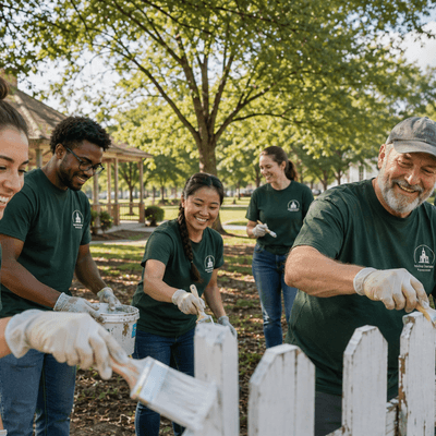 Church volunteer team wearing matching custom T-shirts during a community service project