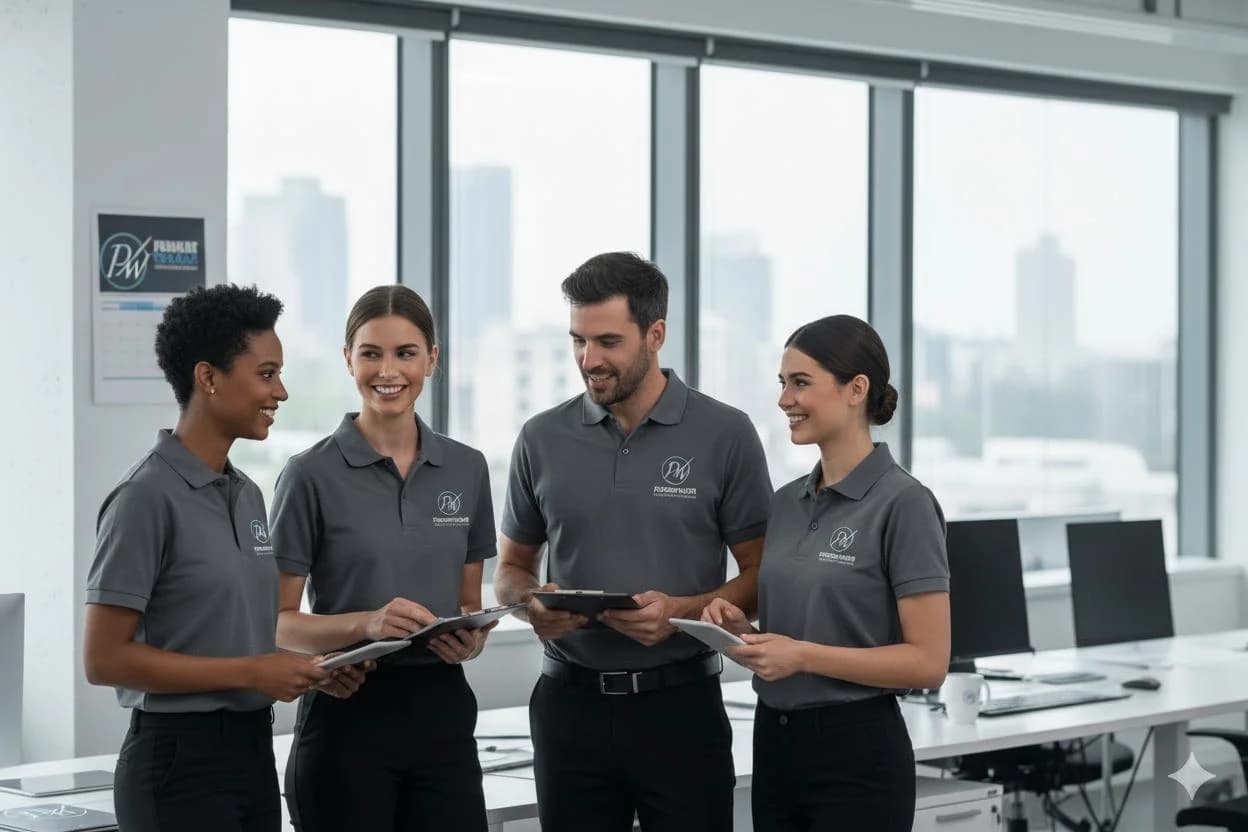 Professional business team wearing custom company apparel with embroidered logo shirts during an office meeting, showcasing brand identity and workplace professionalism.