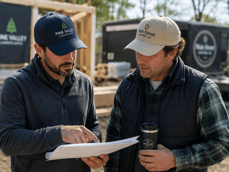 Two business professionals wearing custom embroidered hats while discussing plans on a job site