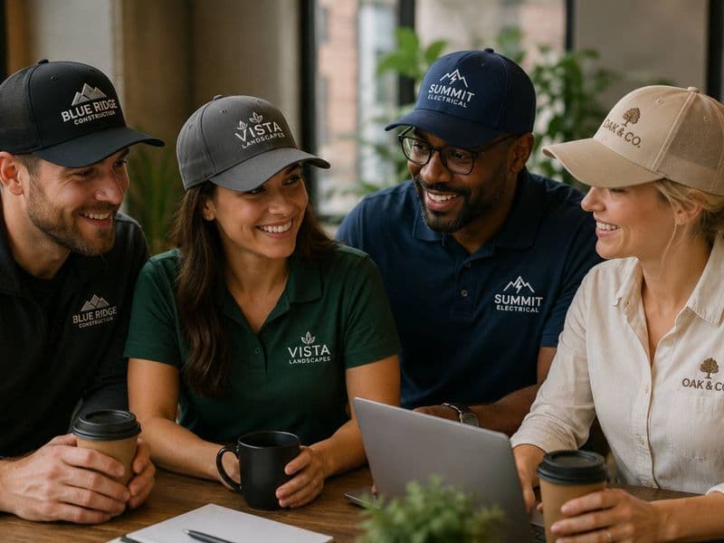 Business professionals wearing custom embroidered hats with branded logos during a team meeting