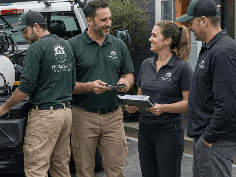 Pest control company team wearing coordinated custom employee shirts outside a service vehicle