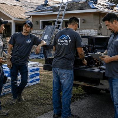 Roofing company crew wearing custom work shirts at a residential job site