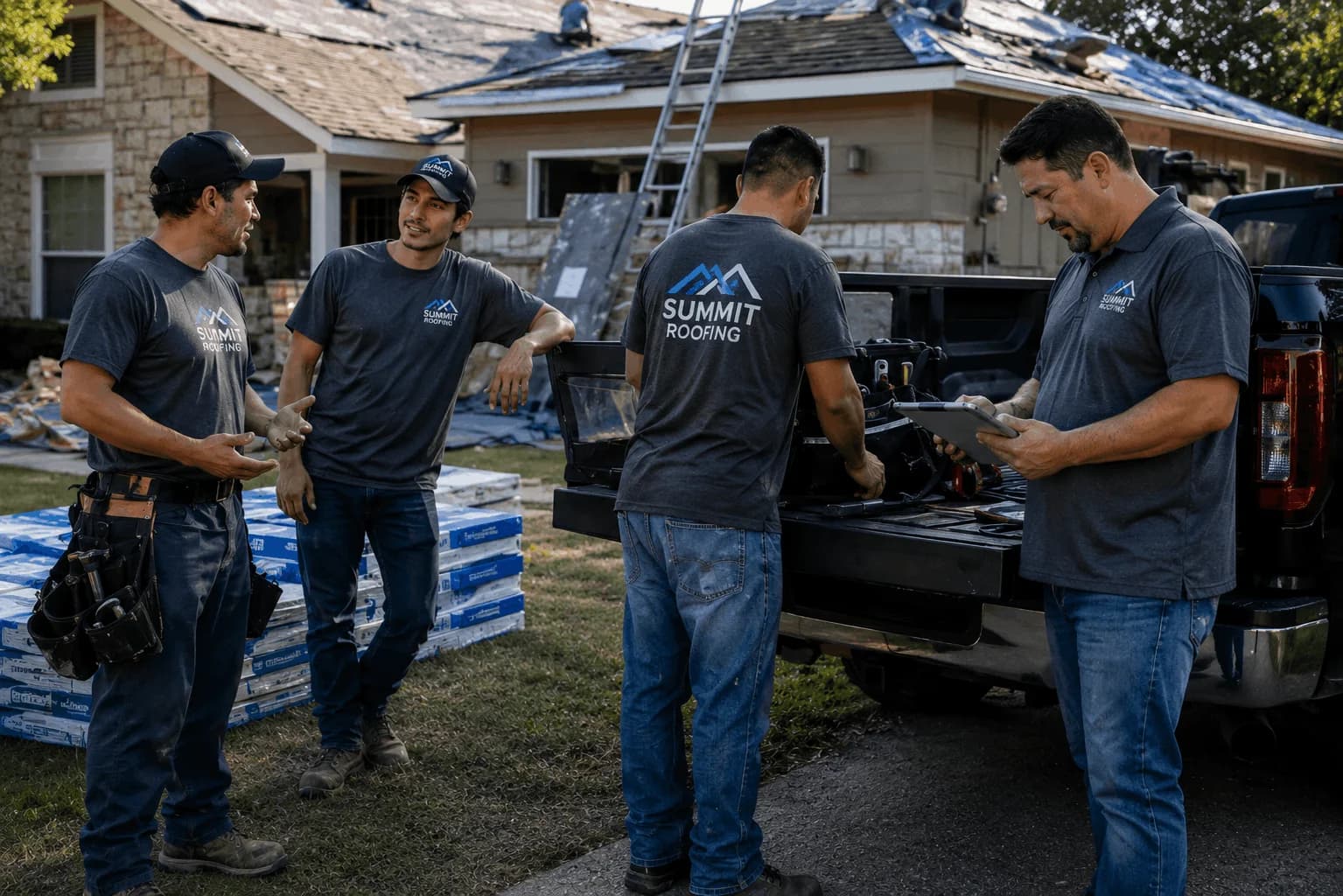 Roofing company crew wearing custom work shirts at a residential job site