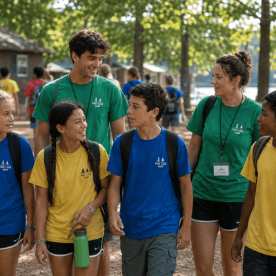 Campers and counselors wearing coordinated custom summer camp T-shirts