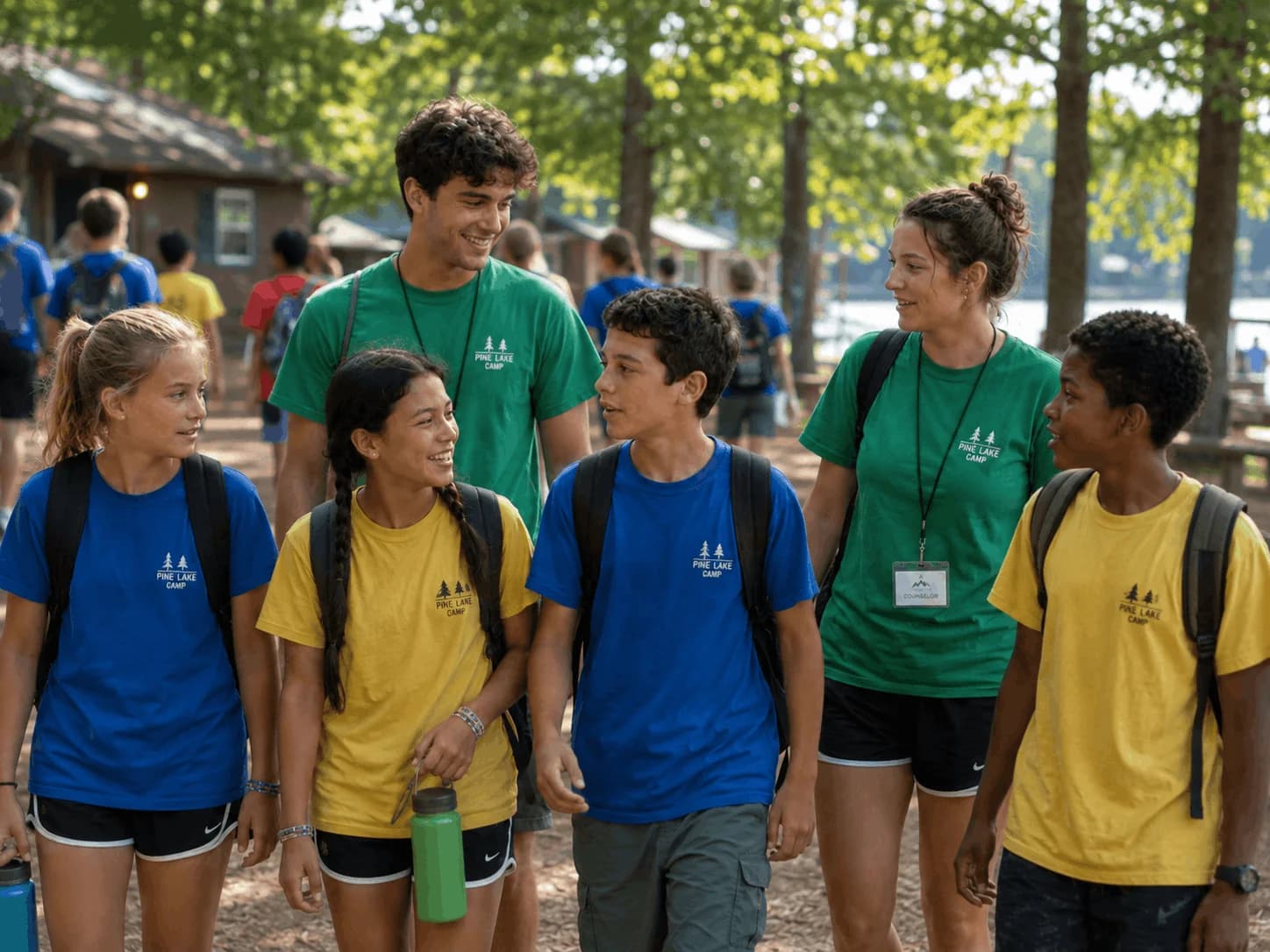 Campers and counselors wearing coordinated custom summer camp T-shirts