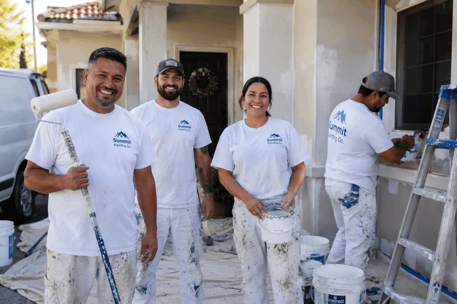 Professional painting crew wearing custom company T-shirts