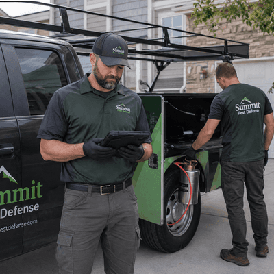 Pest control technicians wearing custom company t-shirts beside a service truck at a residential property