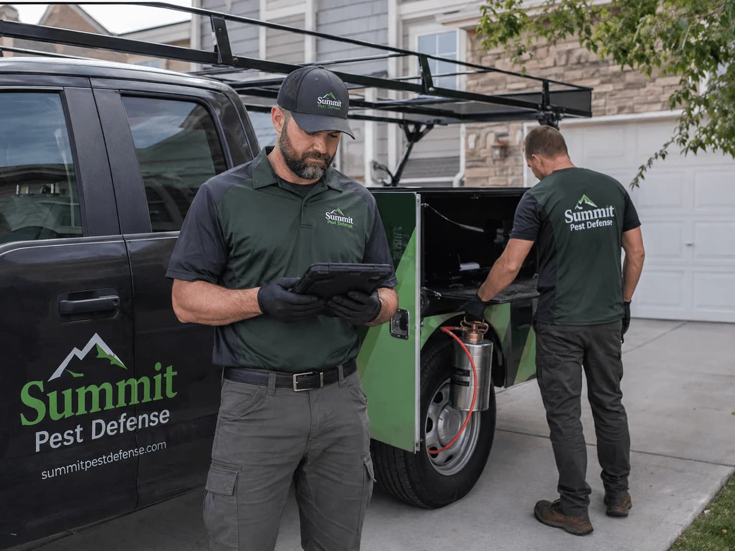Pest control technicians wearing custom company t-shirts beside a service truck at a residential property