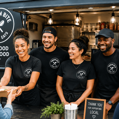 Restaurant and food truck team wearing custom branded T-shirts while serving customers at a food truck.