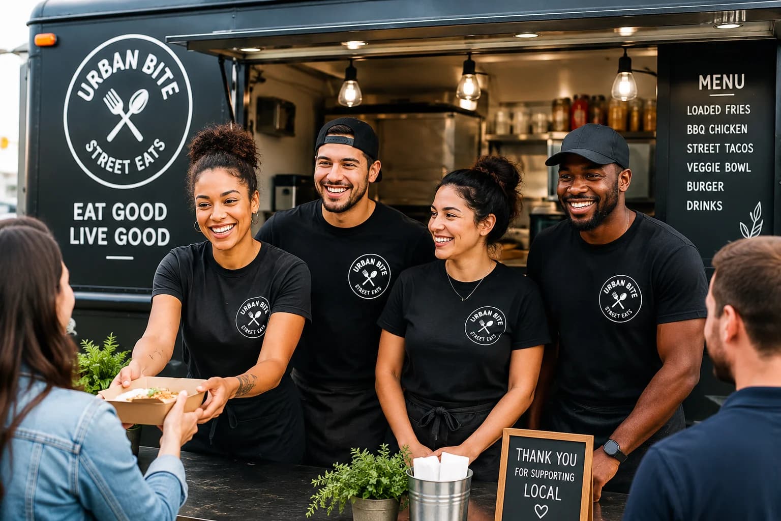 Restaurant and food truck team wearing custom branded T-shirts while serving customers at a food truck.