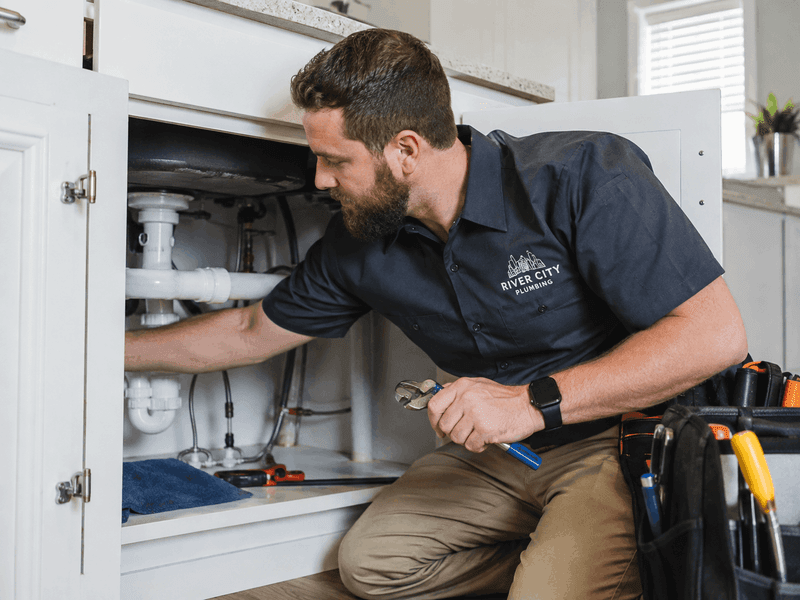 Plumber wearing a branded custom work shirt while completing a repair