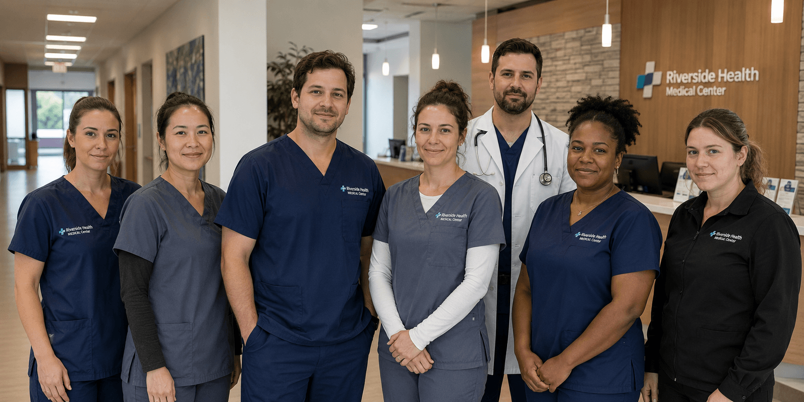 Healthcare professionals wearing custom branded medical uniforms in a modern clinic