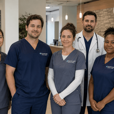 Healthcare professionals wearing custom branded medical uniforms in a modern clinic