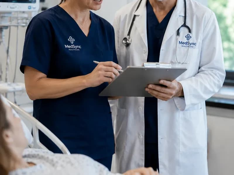 Doctor and nurse wearing branded medical uniforms while reviewing patient care in a hospital room