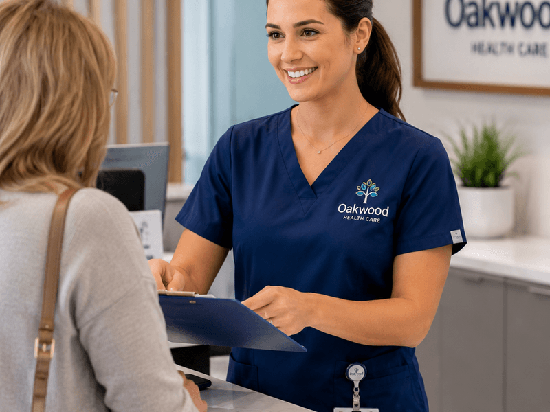 Healthcare professional wearing a branded medical uniform while assisting a patient at a modern clinic reception desk