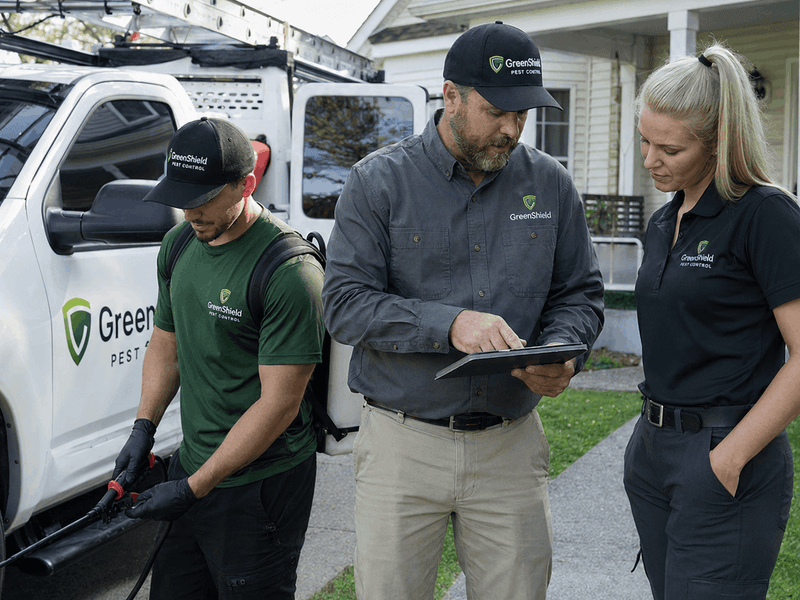 Pest control employees wearing different custom branded shirts for field and office roles