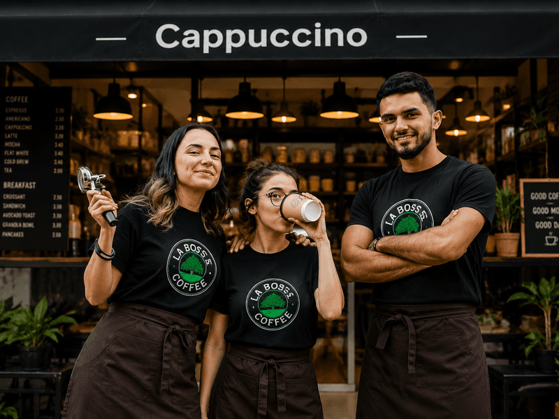 Restaurant staff wearing matching custom branded T-shirts and uniforms while standing together in a modern restaurant environment.