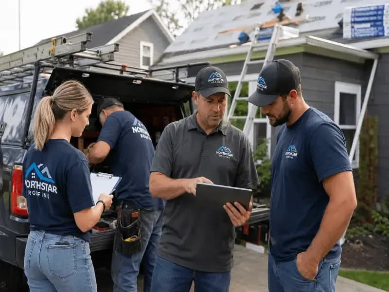 Roofing company employees wearing work shirts for different job roles