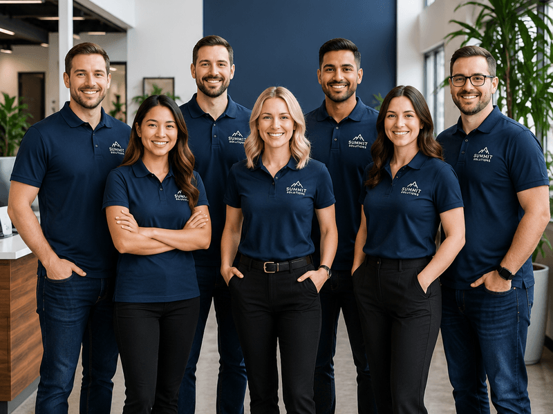 Employees wearing company branded apparel representing their brand in the workplace