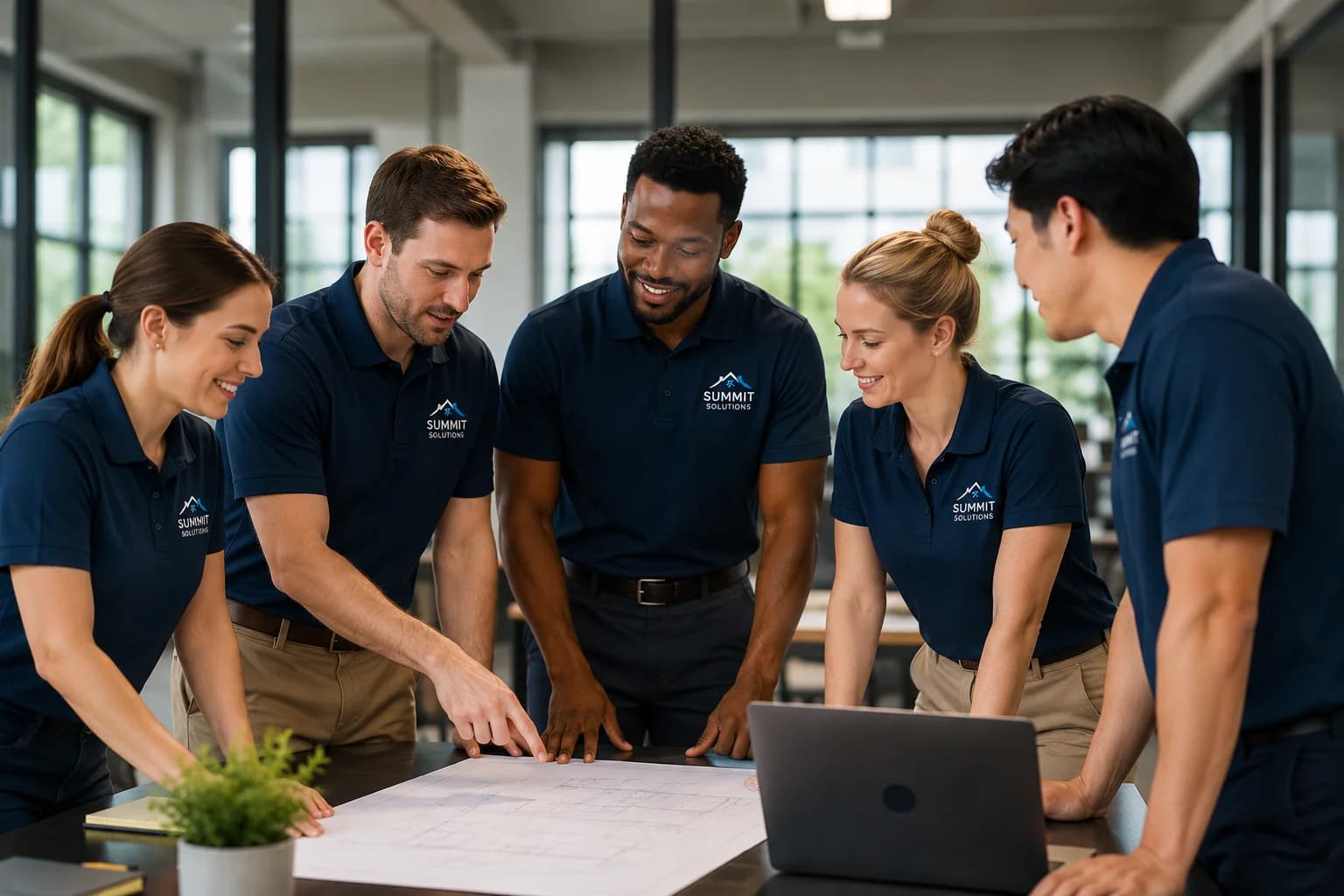 Business team wearing custom polo shirts and employee uniforms during a professional workplace meeting