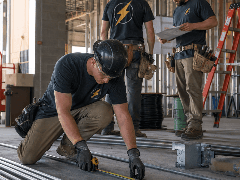 Commercial electricians in branded dark T-shirts working with conduit and tools on an active indoor construction site.