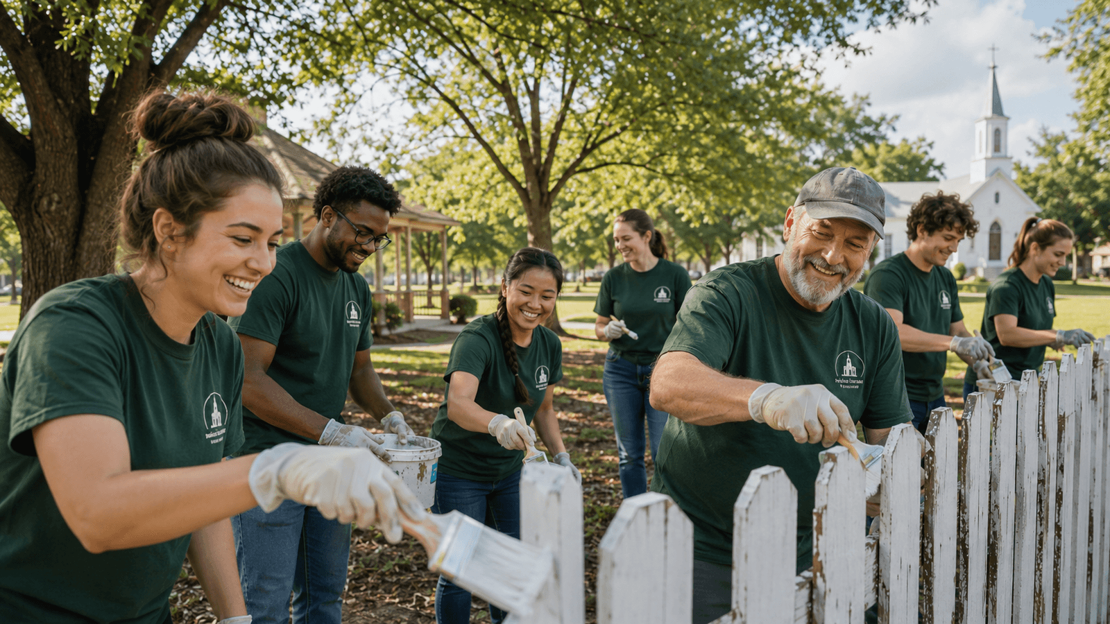 Church volunteer team wearing matching custom T-shirts during a community service project