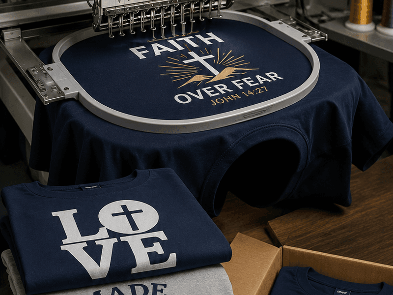 Custom church T-shirts with faith-based designs beside an embroidery machine and bulk apparel order box