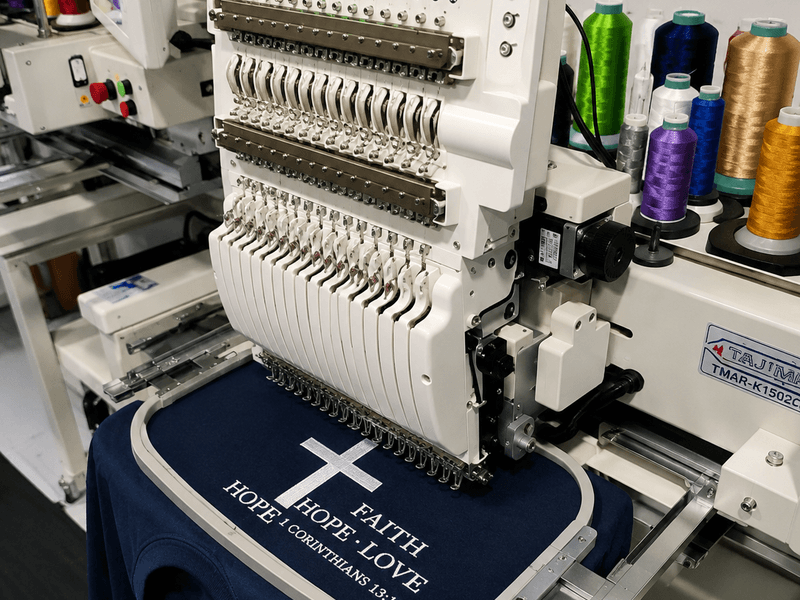 Embroidery machine stitching a custom church T-shirt with a cross and faith-inspired design