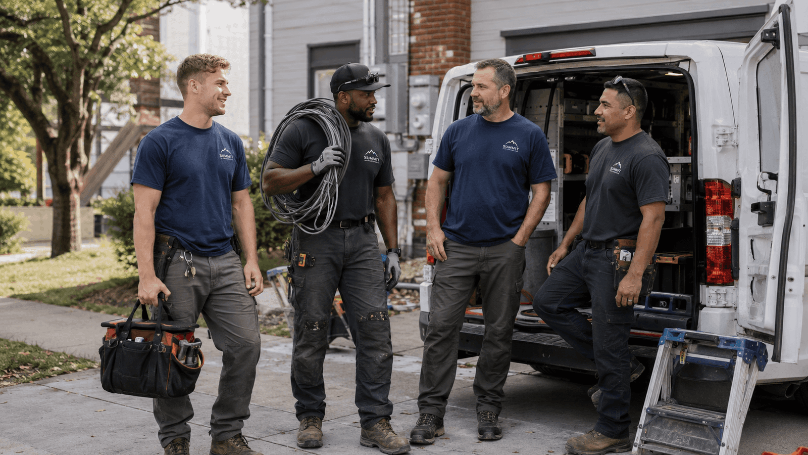 Professional electrical contractor crew wearing branded custom T-shirts standing beside a work van outside a residential job site.