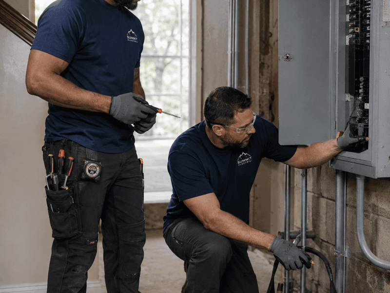 Two professional electricians wearing branded navy T-shirts work together at a residential electrical panel with tools and safety gear visible.