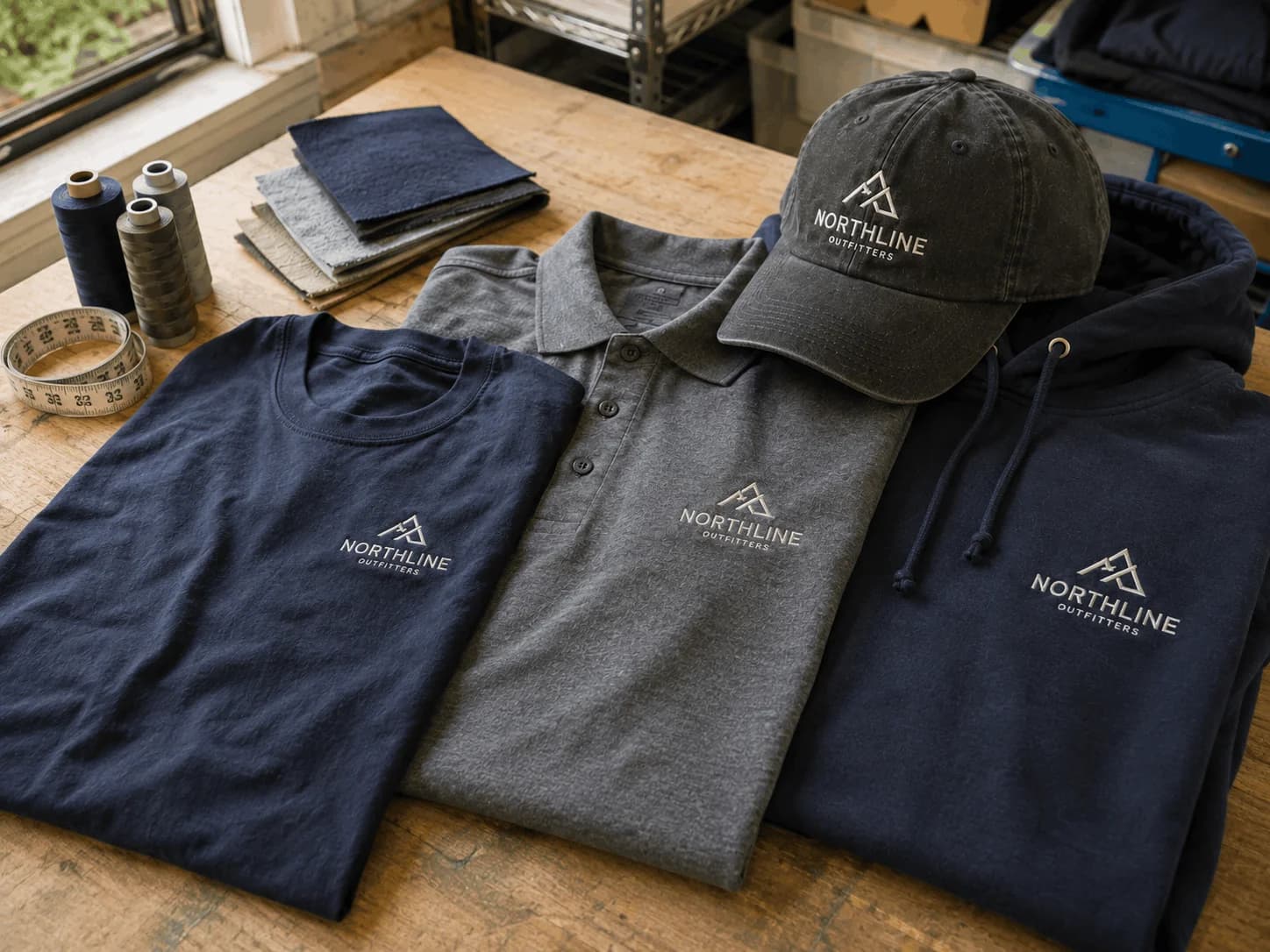 Custom apparel featuring the same logo on a T-shirt, polo shirt, hoodie, and embroidered cap.