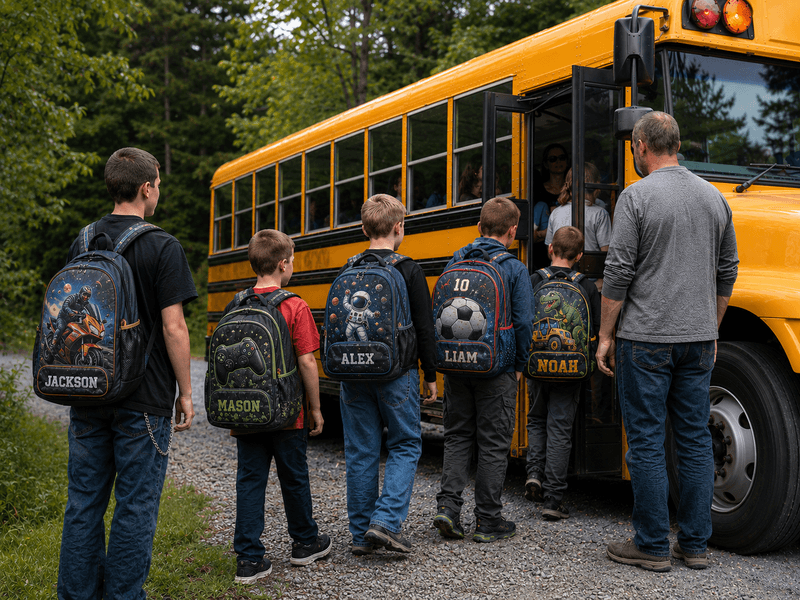 Children wearing personalized back-to-school backpacks while boarding a yellow school bus.