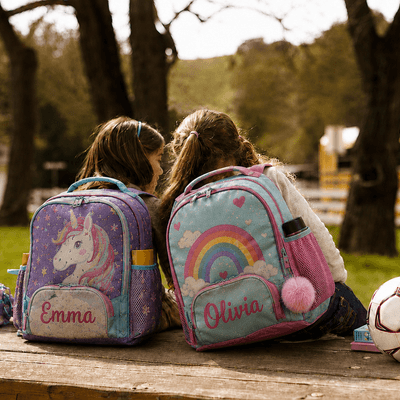Two children with personalized back-to-school backpacks featuring the names Emma and Olivia near a school bus.