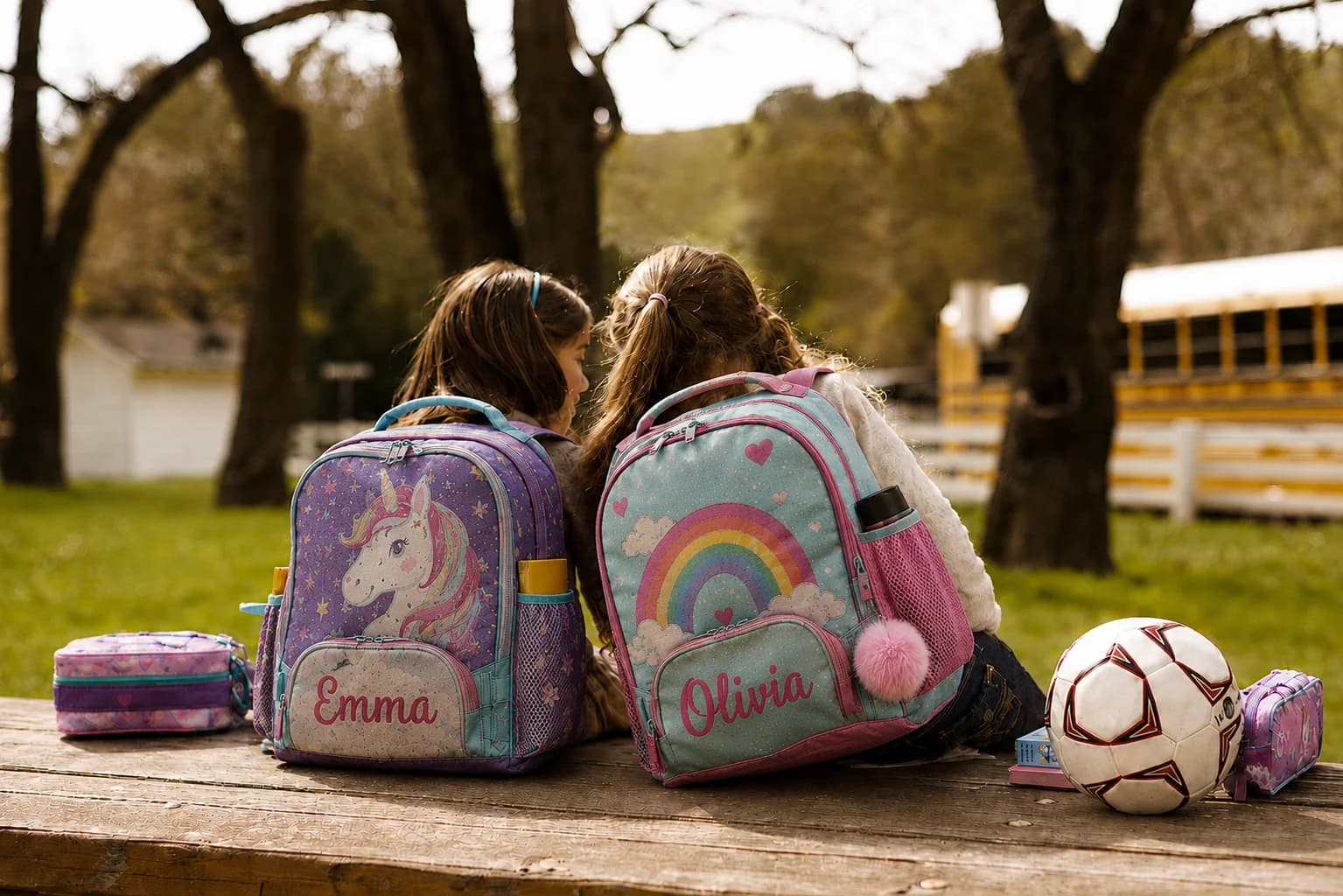 Two children with personalized back-to-school backpacks featuring the names Emma and Olivia near a school bus.