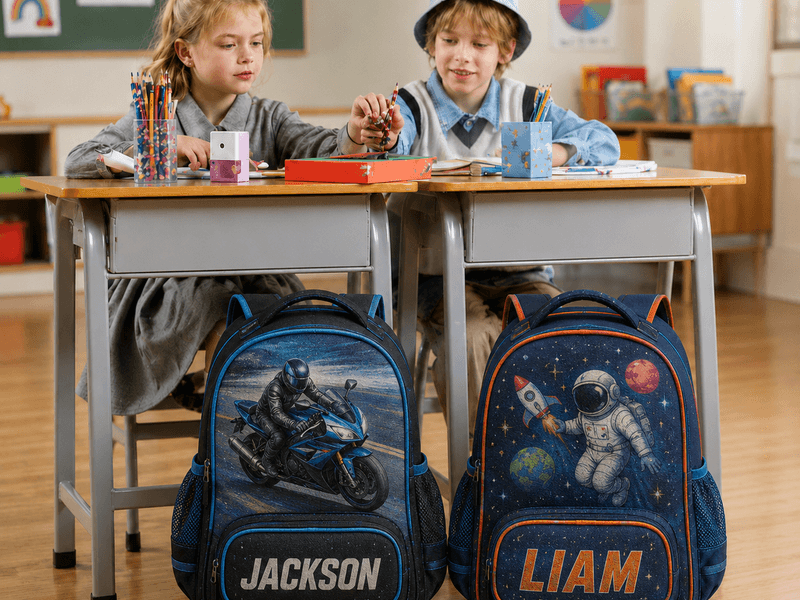 Two personalized kids’ backpacks with the names Jackson and Liam displayed in a classroom.
