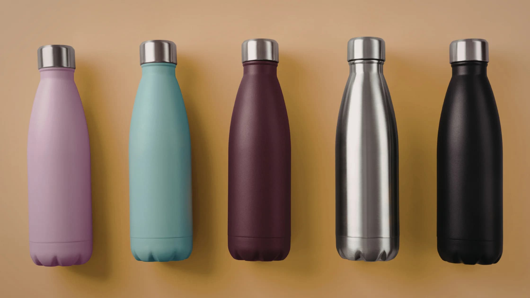 Five metal reusable water bottles against a plain background.