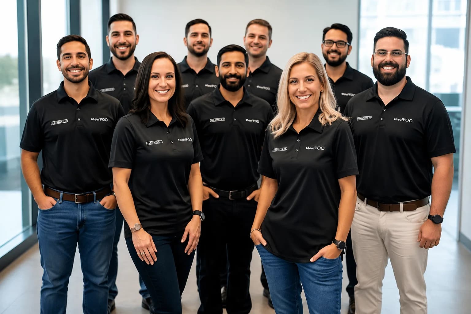 Professional team wearing custom branded polo shirts showcasing strong business branding and company identity